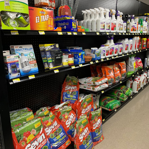Lawn and garden supplies inside of Blakeney Hardware.