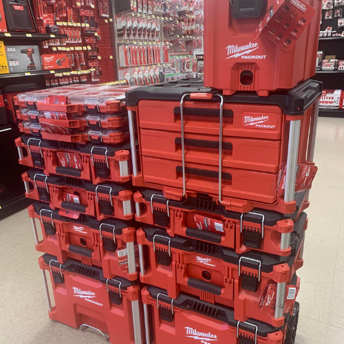 Milwaukee tools on display inside of Blakeney Hardware.