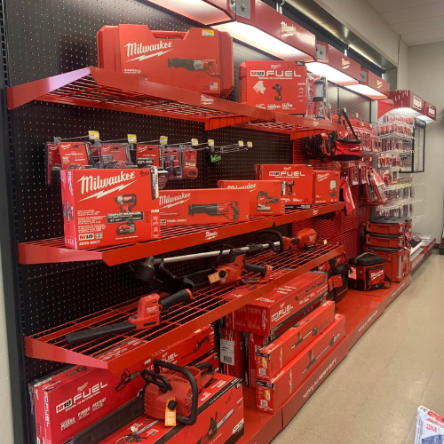 Milwaukee tools on display inside of Blakeney Hardware.