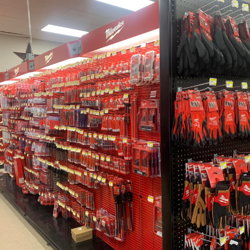 Milwaukee tools on display inside of Blakeney Hardware.