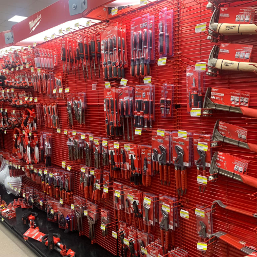 Milwaukee tools on display inside of Blakeney Hardware.