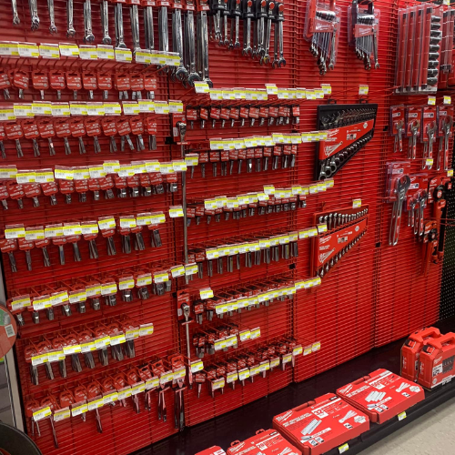 Milwaukee tools on display inside of Blakeney Hardware.