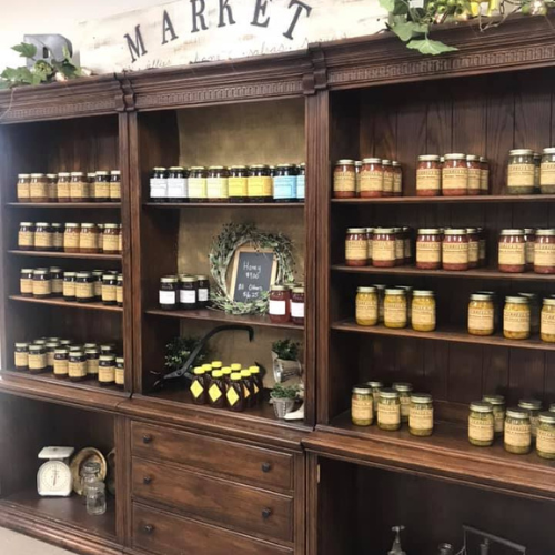 Jams and jars on display inside of Blakeney Hardware.