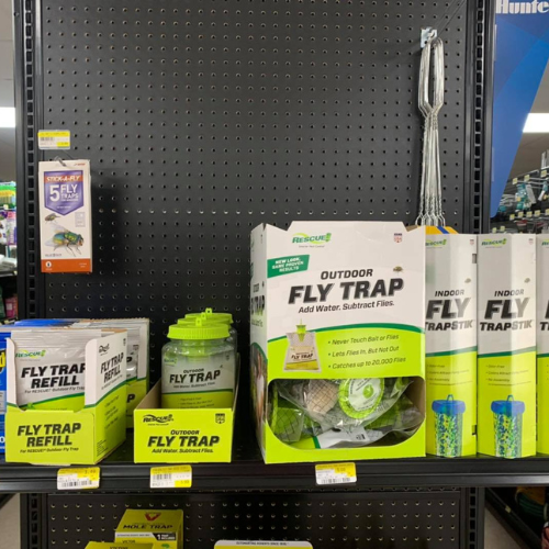 Fly traps and supplies on display inside of Blakeney Hardware.