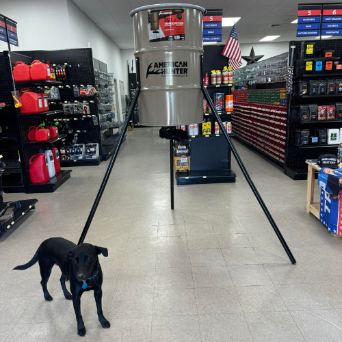 American Hunter feeder on display inside of Blakeney Hardware and the store dog next to it.