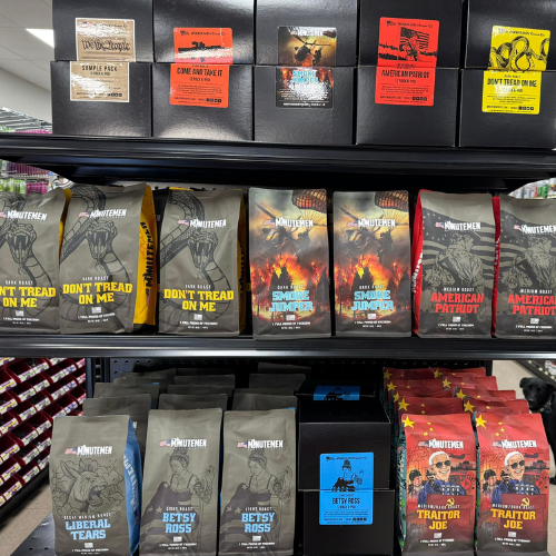 Coffee bags on display inside of Blakeney Hardware.