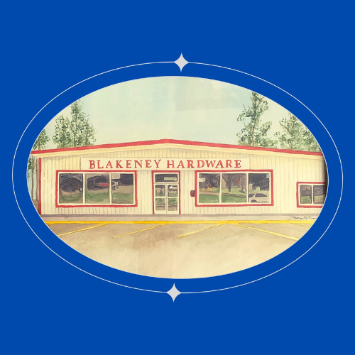 An old store front photo of Blakeney Hardware.