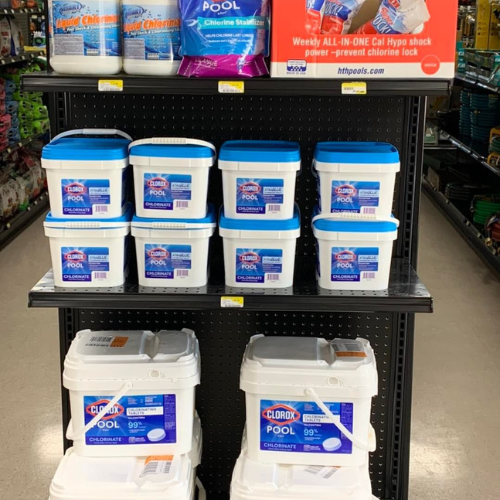 Chlorine and supplies displayed inside of Blakeney Hardware.