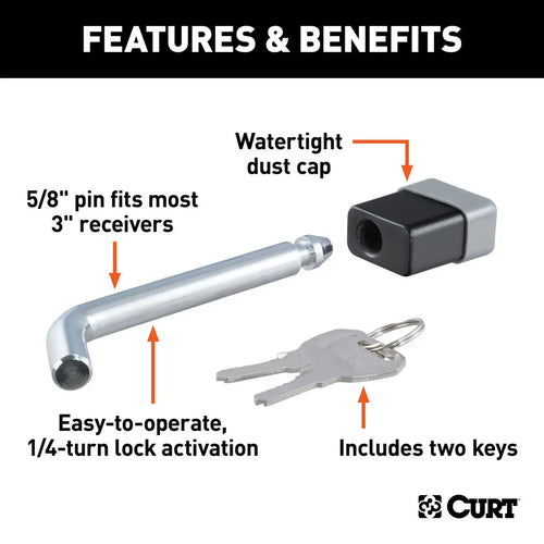 Curt 5/8 Hitch Lock (2, 2-1/2 or 3 Receiver, Deadbolt, Chrome)Print